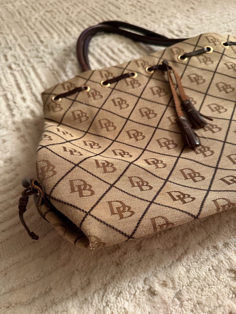 Dooney & Bourke DB Monogram Canvas Satchel Brown Leather Trim Shoulder Bag - Picture 10 of 11